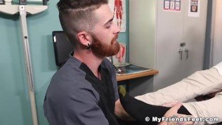 Hot doctor hunk jerking off during feet licking worship
