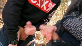 Twinks masturbate in the forest in public